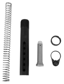 This LBE AR-15 Milspec Buffer Tube Kit includes a castle nut, a lock plate, a recoil buffer, and a carbine length recoil spring.